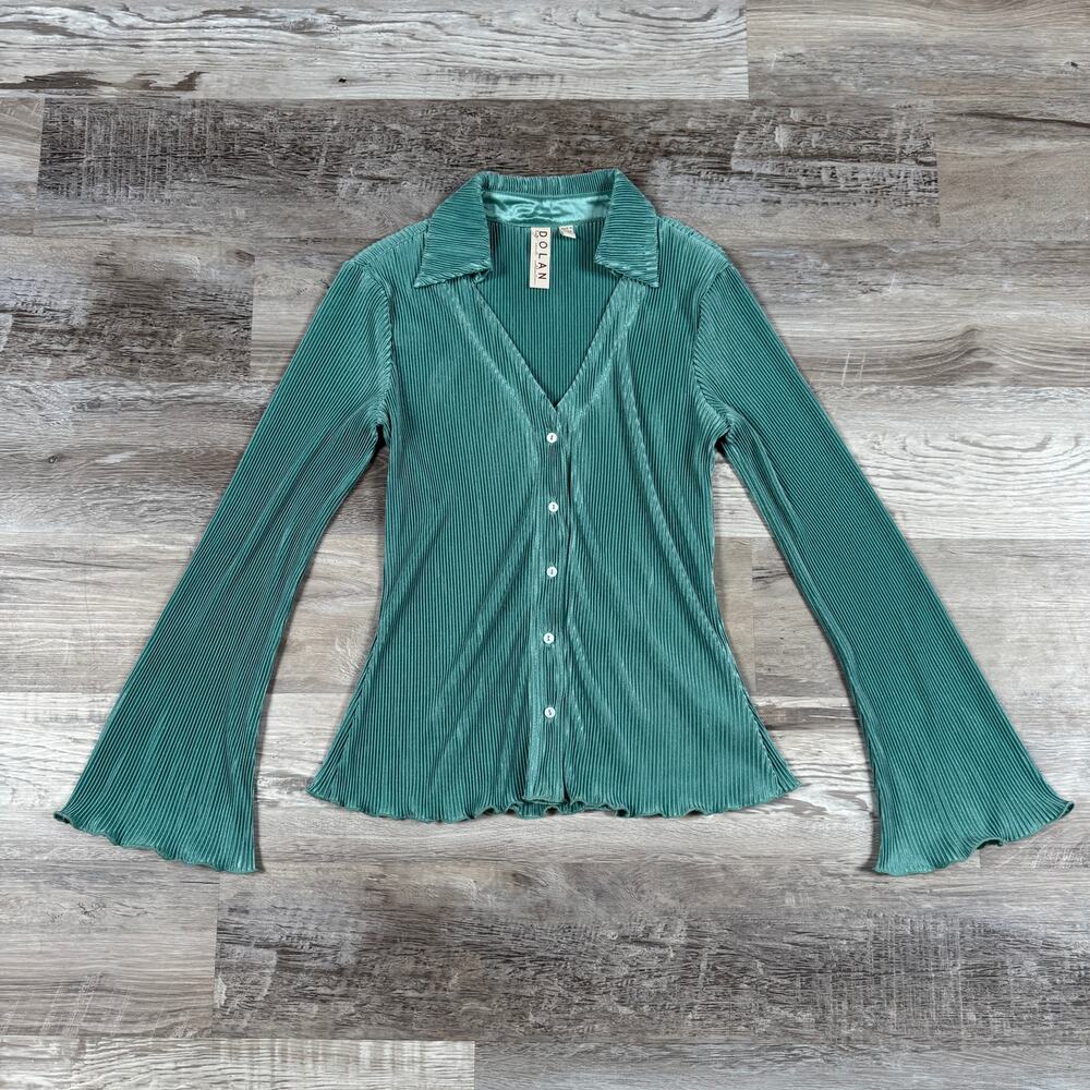 NWT Anthropologie Dolan Aqua Plisse Bell Sleeve Button Top Fairycore Y2K XS Fall